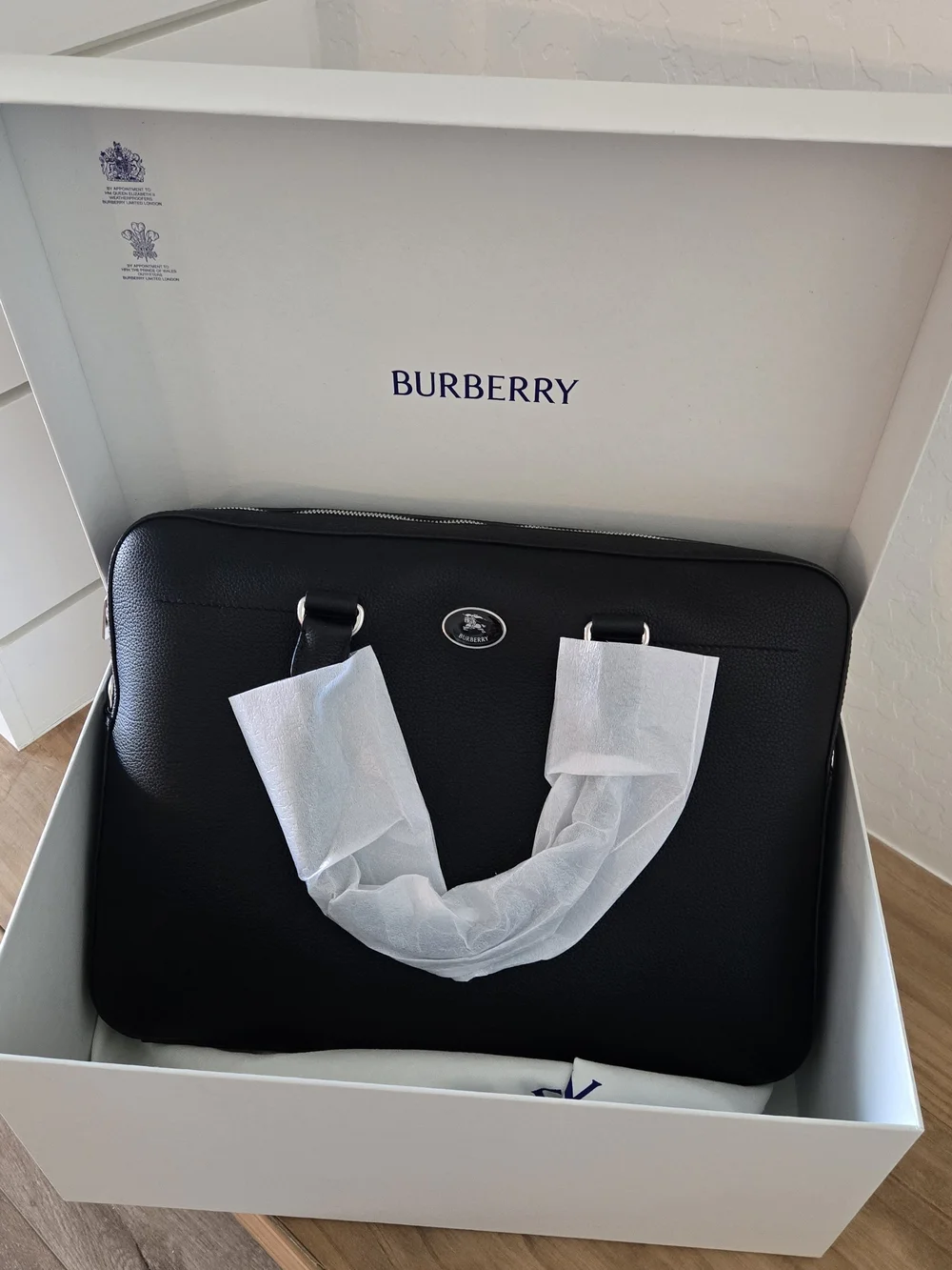 Burberry Knight Stamp Black Leather Briefcase - Sleek Professional Laptop Bag